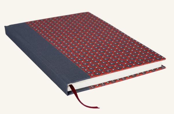 Notebook hard cover red stylized with flowers,geometric,red,white,brown,brown Linen spine
